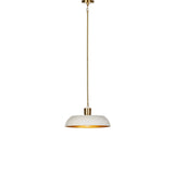 Low-profile pendant light with wide cast aluminum shade in a white textured finish. Gold leaf interior reflects to emit a warm, inviting glow that meets vintage inspiration and modern simplicity.Collection: Dan Amethyst Home provides interior design, new home construction design consulting, vintage area rugs, and lighting in the Des Moines metro area.
