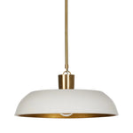 Low-profile pendant light with wide cast aluminum shade in a white textured finish. Gold leaf interior reflects to emit a warm, inviting glow that meets vintage inspiration and modern simplicity.Collection: Dan Amethyst Home provides interior design, new home construction design consulting, vintage area rugs, and lighting in the Winter Garden metro area.