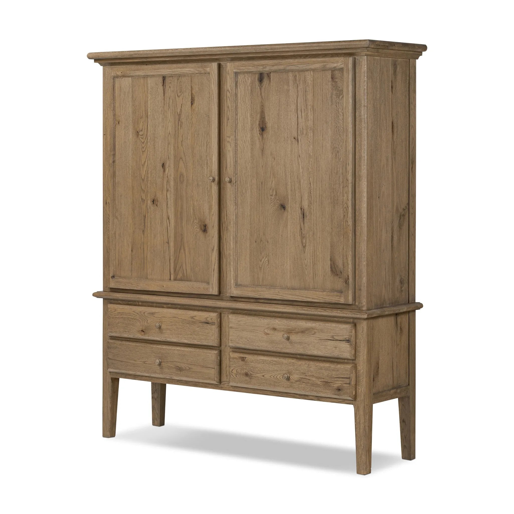 Crafted from worn oak for a found, heritage look, naturally beautiful cabinetry offers generous storage space by way of roomy shelving and four lower drawers Amethyst Home provides interior design, new home construction design consulting, vintage area rugs, and lighting in the Kansas City metro area.