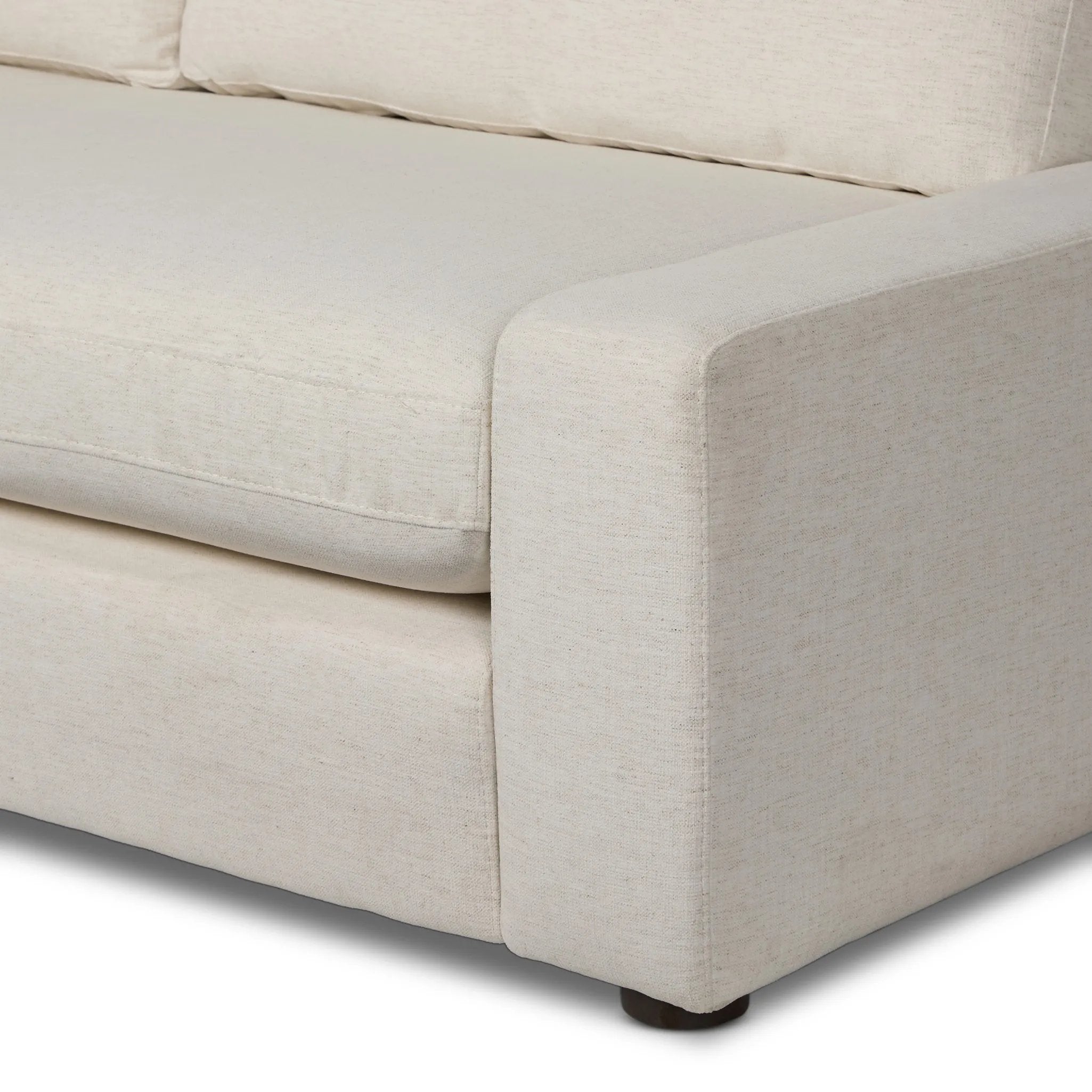 Featuring Yelena Crypton Nomad Snow 3-Piece Sectional by Four Hands at Amethyst Home. Add a touch of modern sophistication to your space with the streamlined silhouette and dramatic side profile of this track arm sectional. Subtle tapering along the side adds visual interest, while the bench-style seating invites relaxation. Extra plush foam cushions and S. Amethyst Home provides interior design, new home construction design consulting, vintage area rugs, and lighting in the Des Moines metro area.