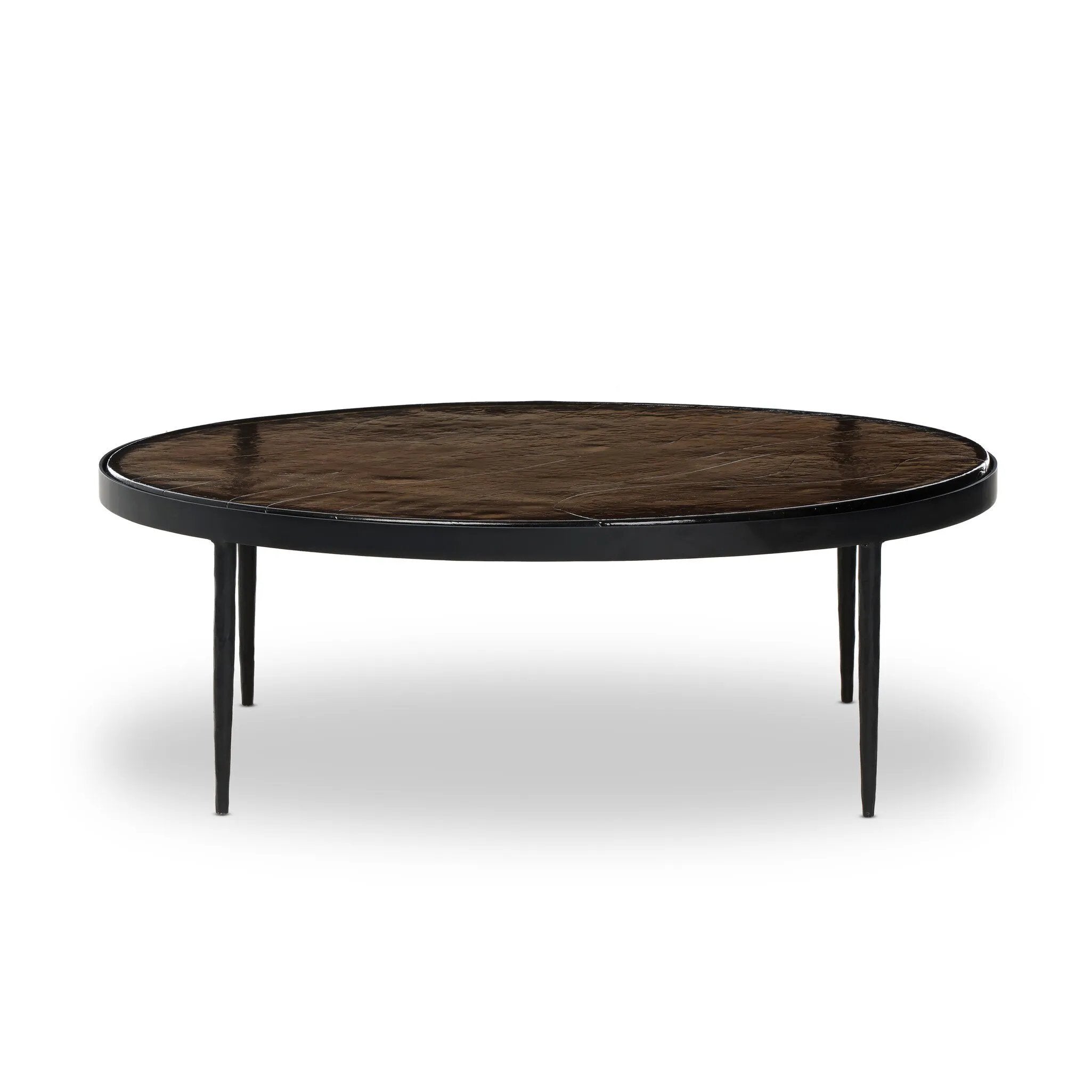 Smoky brown glass-topped table with slim, tapered matte black metal frames for a sleek, modern look. Part of a nesting set, can be used alone or paired with its smaller counterpart Amethyst Home provides interior design, new home construction design consulting, vintage area rugs, and lighting in the Austin metro area.