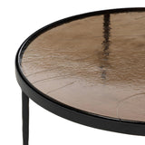 Smoky brown glass-topped table with slim, tapered matte black metal frames for a sleek, modern look. Part of a nesting set, can be used alone or paired with its smaller counterpart Amethyst Home provides interior design, new home construction design consulting, vintage area rugs, and lighting in the Houston metro area.