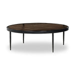 Smoky brown glass-topped table with slim, tapered matte black metal frames for a sleek, modern look. Part of a nesting set, can be used alone or paired with its smaller counterpart Amethyst Home provides interior design, new home construction design consulting, vintage area rugs, and lighting in the Los Angeles metro area.