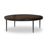 Smoky brown glass-topped table with slim, tapered matte black metal frames for a sleek, modern look. Part of a nesting set, can be used alone or paired with its smaller counterpart Amethyst Home provides interior design, new home construction design consulting, vintage area rugs, and lighting in the Los Angeles metro area.