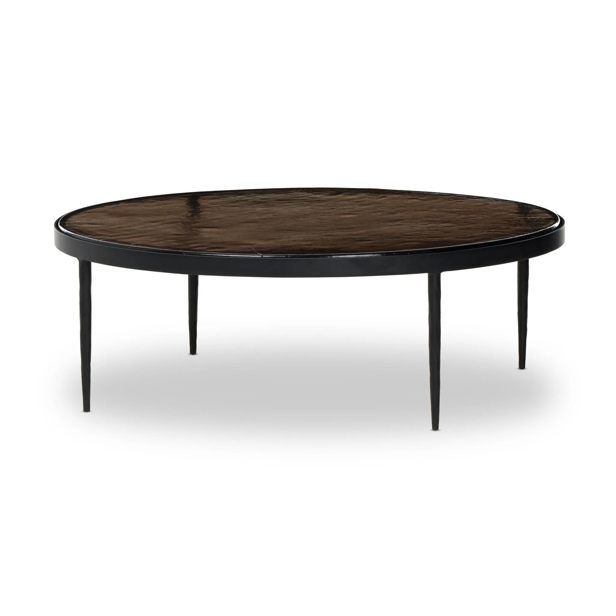 Smoky brown glass-topped table with slim, tapered matte black metal frames for a sleek, modern look. Part of a nesting set, can be used alone or paired with its smaller counterpart Amethyst Home provides interior design, new home construction design consulting, vintage area rugs, and lighting in the Los Angeles metro area.