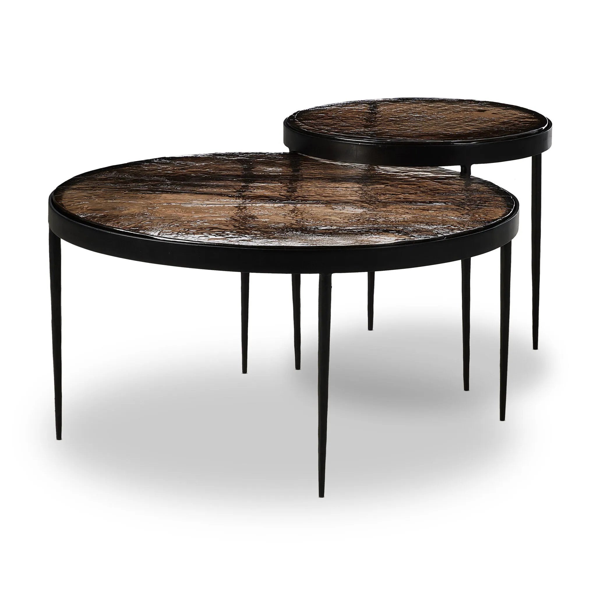 Smoky brown glass tops with slim, tapered matte black metal frames in a sleek, contemporary design. Available as a nesting set or standalone tables.Collection: Marlo Amethyst Home provides interior design, new home construction design consulting, vintage area rugs, and lighting in the Omaha metro area.