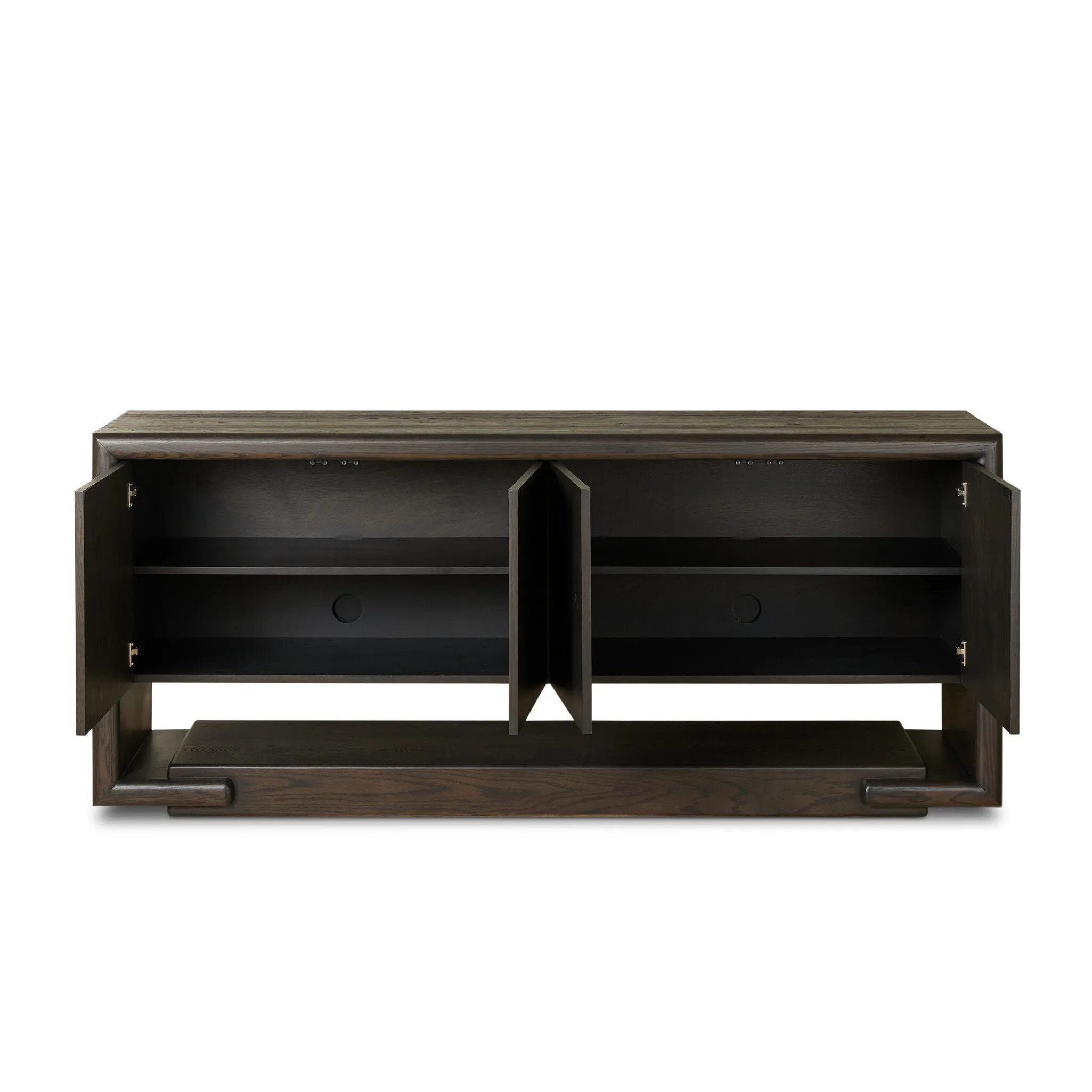 Store favorite table linens and serveware in an oak sideboard with a unique float-like appearance. A thick base doubles as bonus shelving, with inserted waterfall framing lifting up the full case. Finished in a smoked black to showcase gorgeous wood character. Amethyst Home provides interior design, new home construction design consulting, vintage area rugs, and lighting in the Des Moines metro area.
