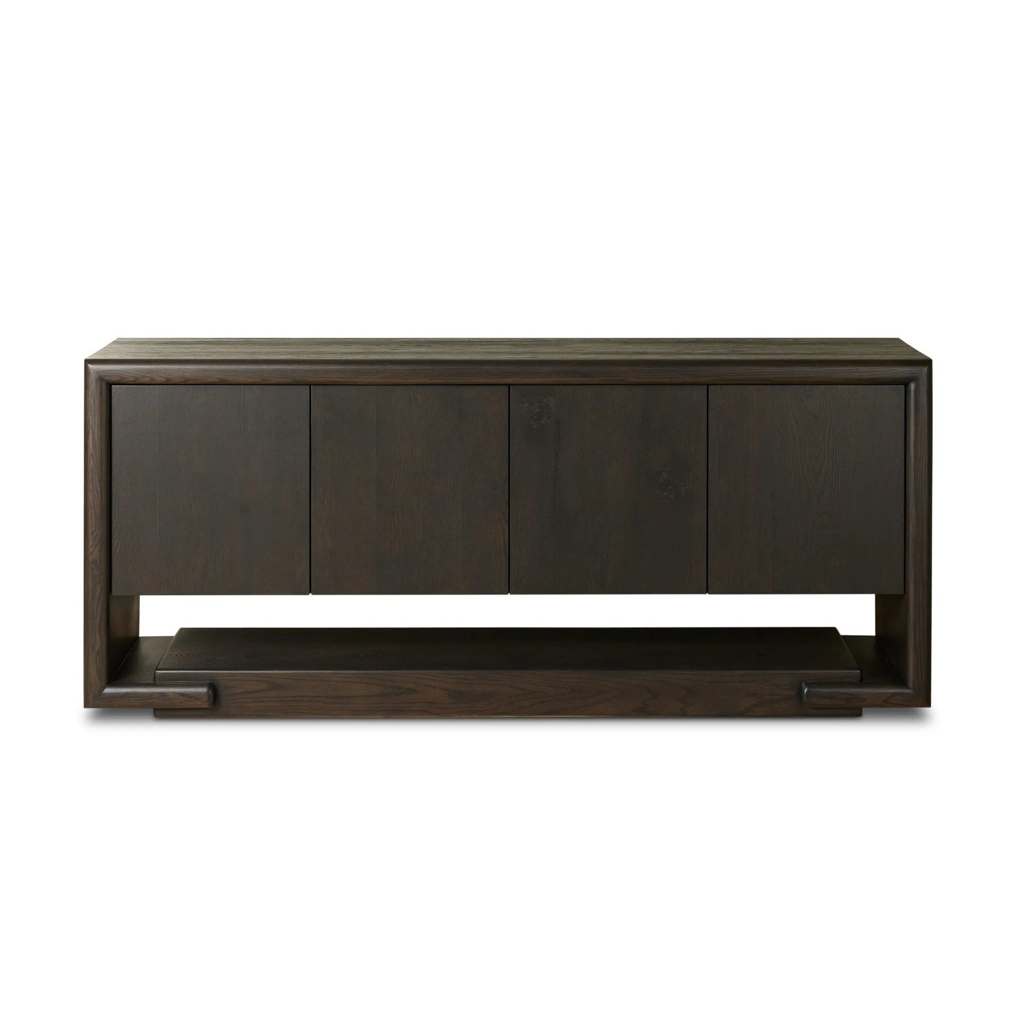 Store favorite table linens and serveware in an oak sideboard with a unique float-like appearance. A thick base doubles as bonus shelving, with inserted waterfall framing lifting up the full case. Finished in a smoked black to showcase gorgeous wood character. Amethyst Home provides interior design, new home construction design consulting, vintage area rugs, and lighting in the Portland metro area.