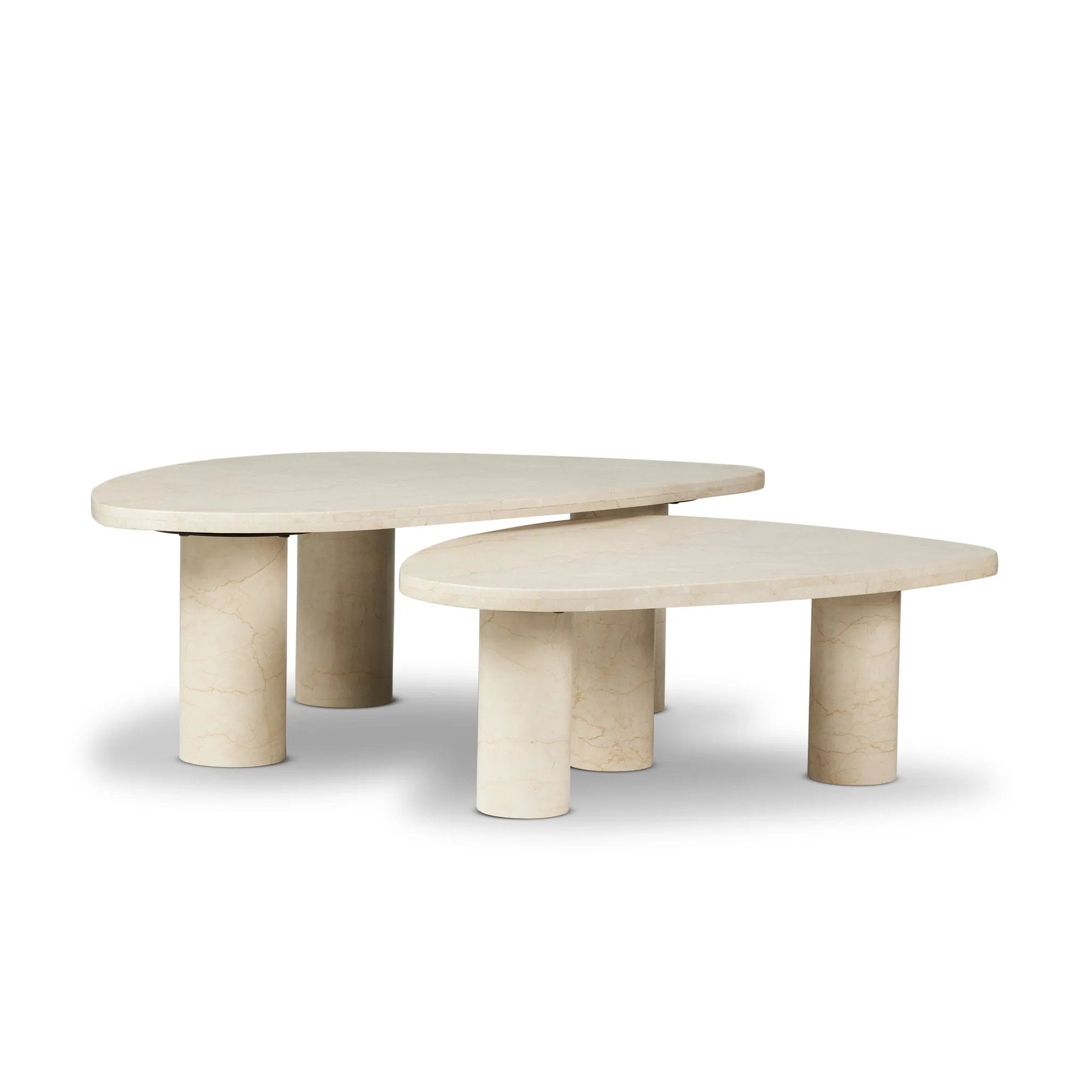 Made from solid marble with visible natural veining, turned pillar-style legs complement organically shaped tabletops, perfectly sized for nesting. Option to buy tables individually or together as a two-piece set Amethyst Home provides interior design, new home construction design consulting, vintage area rugs, and lighting in the Des Moines metro area.