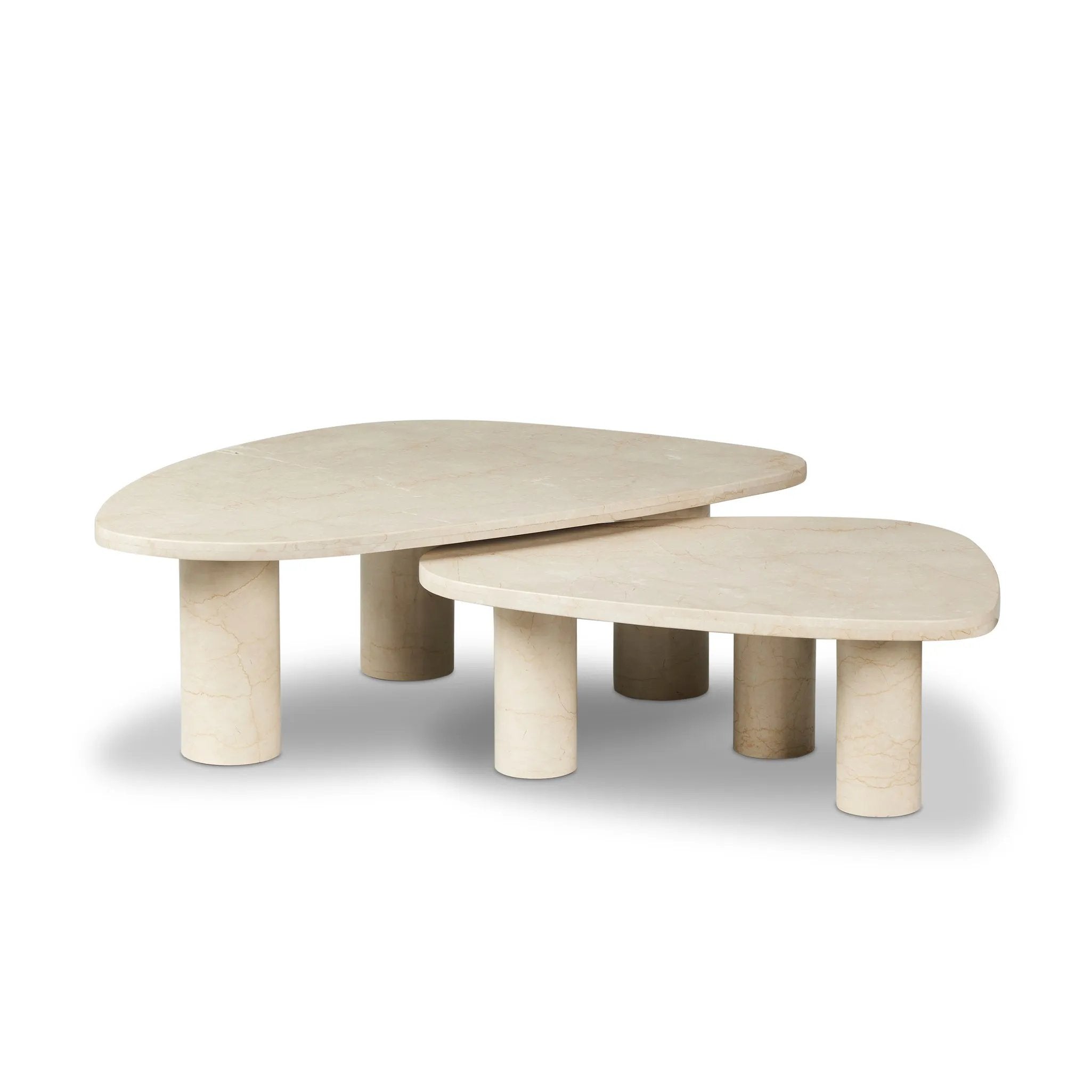 Made from solid marble with visible natural veining, turned pillar-style legs complement organically shaped tabletops, perfectly sized for nesting. Option to buy tables individually or together as a two-piece set Amethyst Home provides interior design, new home construction design consulting, vintage area rugs, and lighting in the Winter Garden metro area.