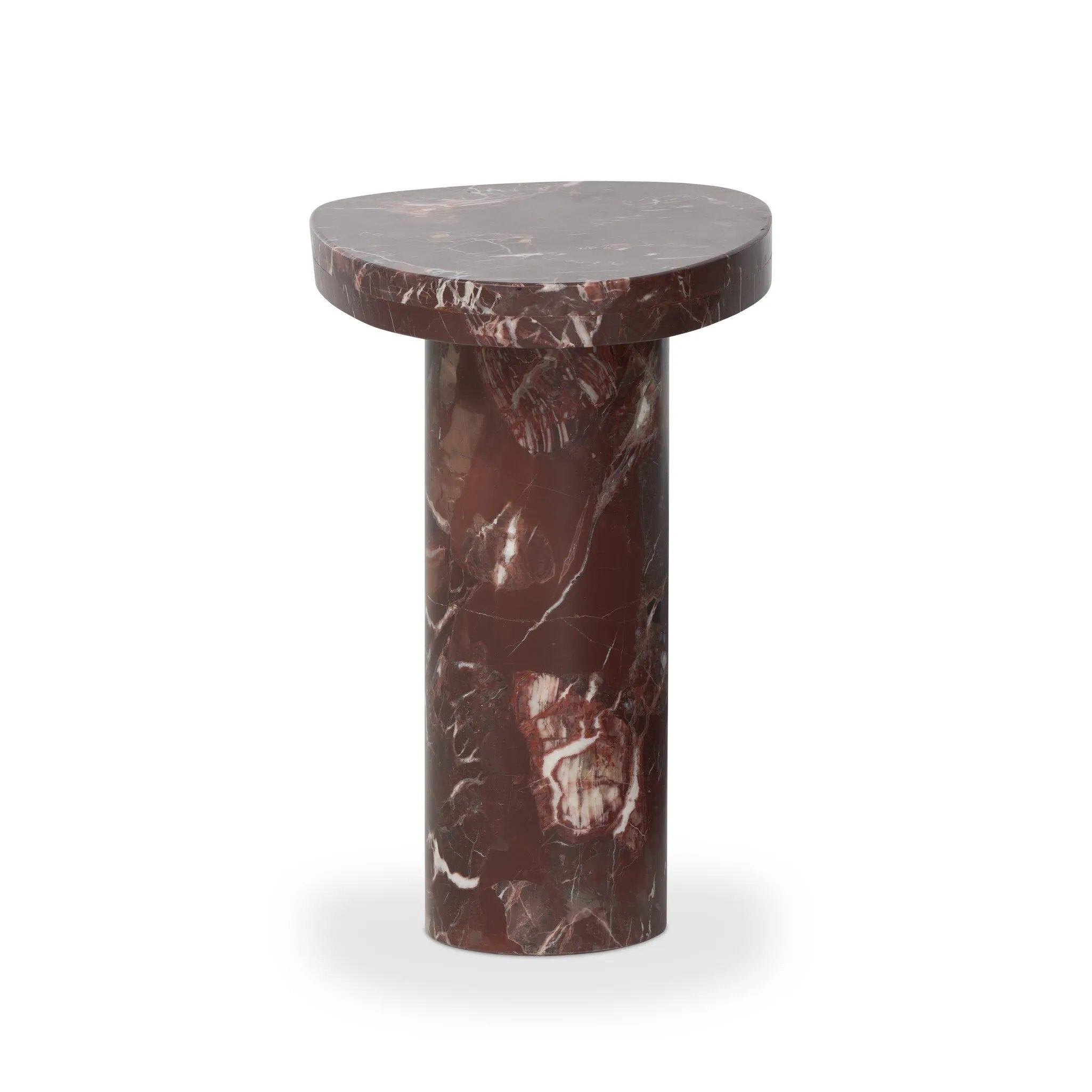 Shape and material share the spotlight in this pedestal-style end table of solid marble finished in a rich merlot with natural veining Amethyst Home provides interior design, new home construction design consulting, vintage area rugs, and lighting in the Park City metro area.