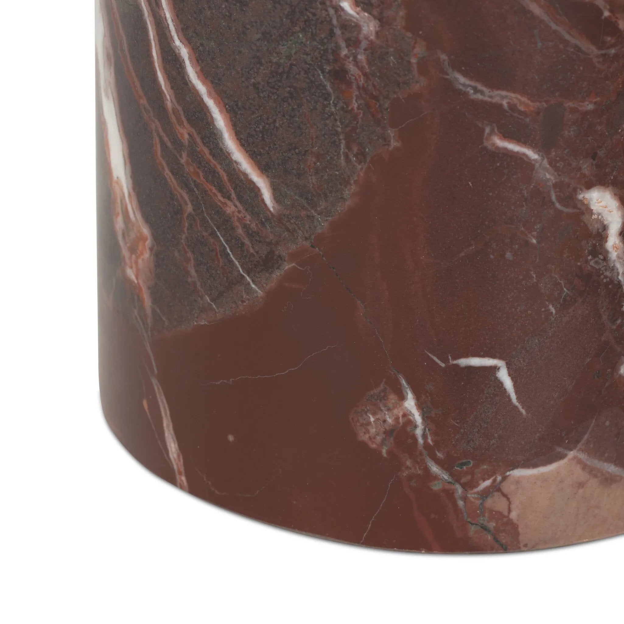 Shape and material share the spotlight in this pedestal-style end table of solid marble finished in a rich merlot with natural veining Amethyst Home provides interior design, new home construction design consulting, vintage area rugs, and lighting in the Seattle metro area.