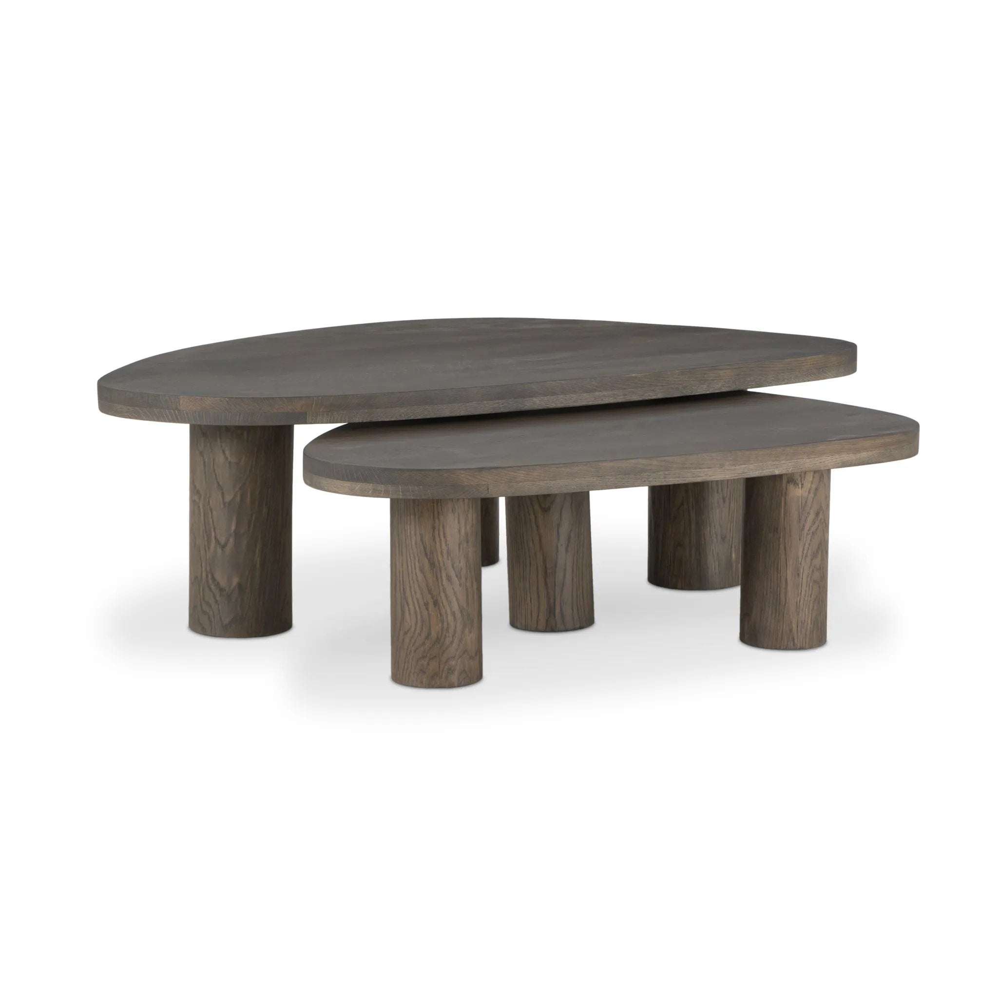 Made from solid natural oak, turned pillar-style legs complement organically shaped tabletops, perfectly sized for nesting. Option to buy tables individually or together as a two-piece set Amethyst Home provides interior design, new home construction design consulting, vintage area rugs, and lighting in the Houston metro area.