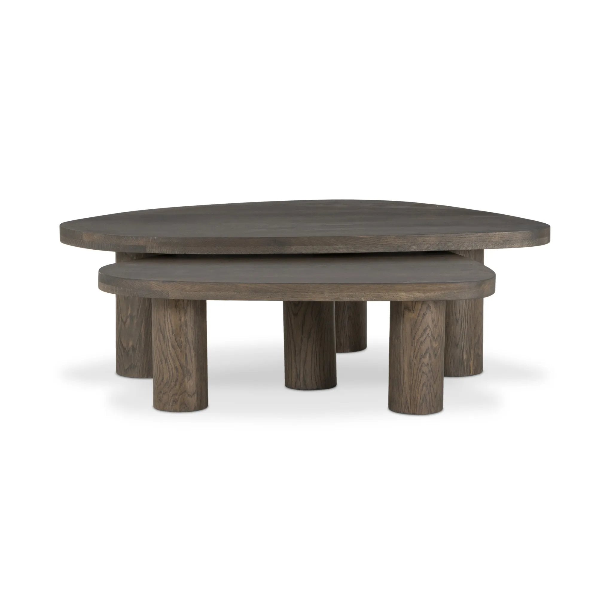 Made from solid natural oak, turned pillar-style legs complement organically shaped tabletops, perfectly sized for nesting. Option to buy tables individually or together as a two-piece set Amethyst Home provides interior design, new home construction design consulting, vintage area rugs, and lighting in the Portland metro area.