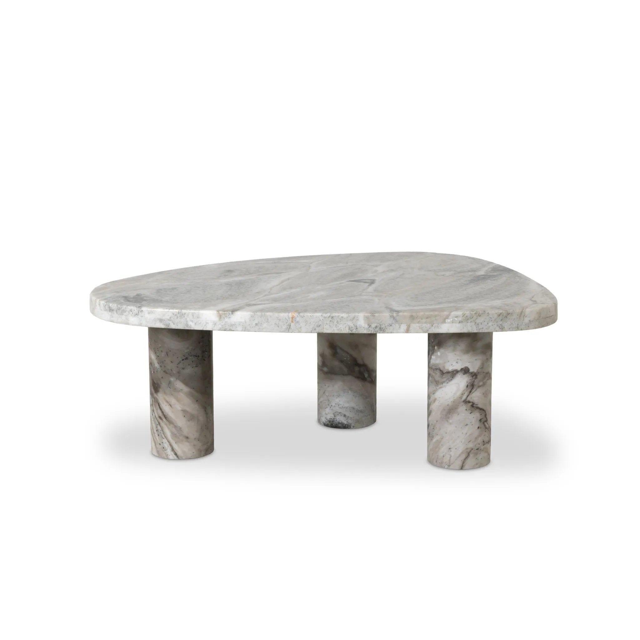 Shape and material share the spotlight in this large, tripod-style onyx coffee table. Turned, pillar legs and dramatic natural veining offer a look of movement. Option to pair with smaller matching table for a nested look Amethyst Home provides interior design, new home construction design consulting, vintage area rugs, and lighting in the Boston metro area.