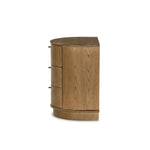 Modern with hints of heritage and Art Deco, crafted of warm, spiced oak. A flexible layering piece that can be styled just about anywhere — as a nightstand or in the entryway or hallway, its slight scale and demilune shape are great for smaller spaces, as its flat back can be styled right up against the wall. Amethyst Home provides interior design, new home construction design consulting, vintage area rugs, and lighting in the Des Moines metro area.