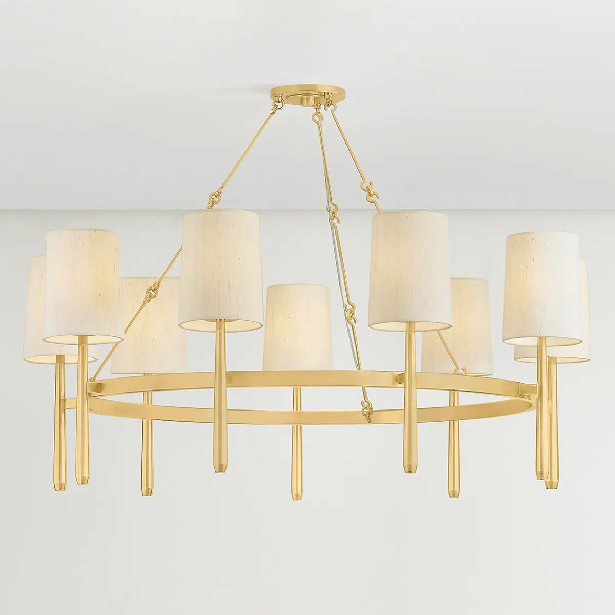 Combining soft materiality and refined form language, the Bridgeton family blends into both modern and classic interiors. Natural silk shades add depth and richness by adding texture to the framework. While the sconce is minimal and timeless, the two sizes of chandelier feature a unique twist on a ring silhouette. Amethyst Home provides interior design, new home construction design consulting, vintage area rugs, and lighting in the Salt Lake City metro area.