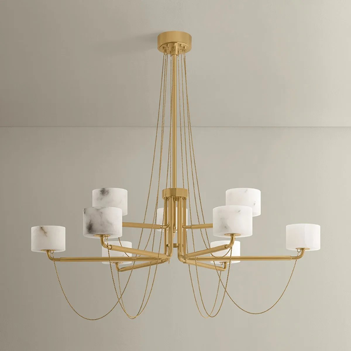 Playing with the concept of jewelry as installation, Bunda mixes structure and fluidity to create eye-catching drama. Finished in Vintage Brass, delicate rope chains dangle and loop across the streamlined arms of this 3- or 9-light chandelier. Amethyst Home provides interior design, new home construction design consulting, vintage area rugs, and lighting in the Calabasas metro area.