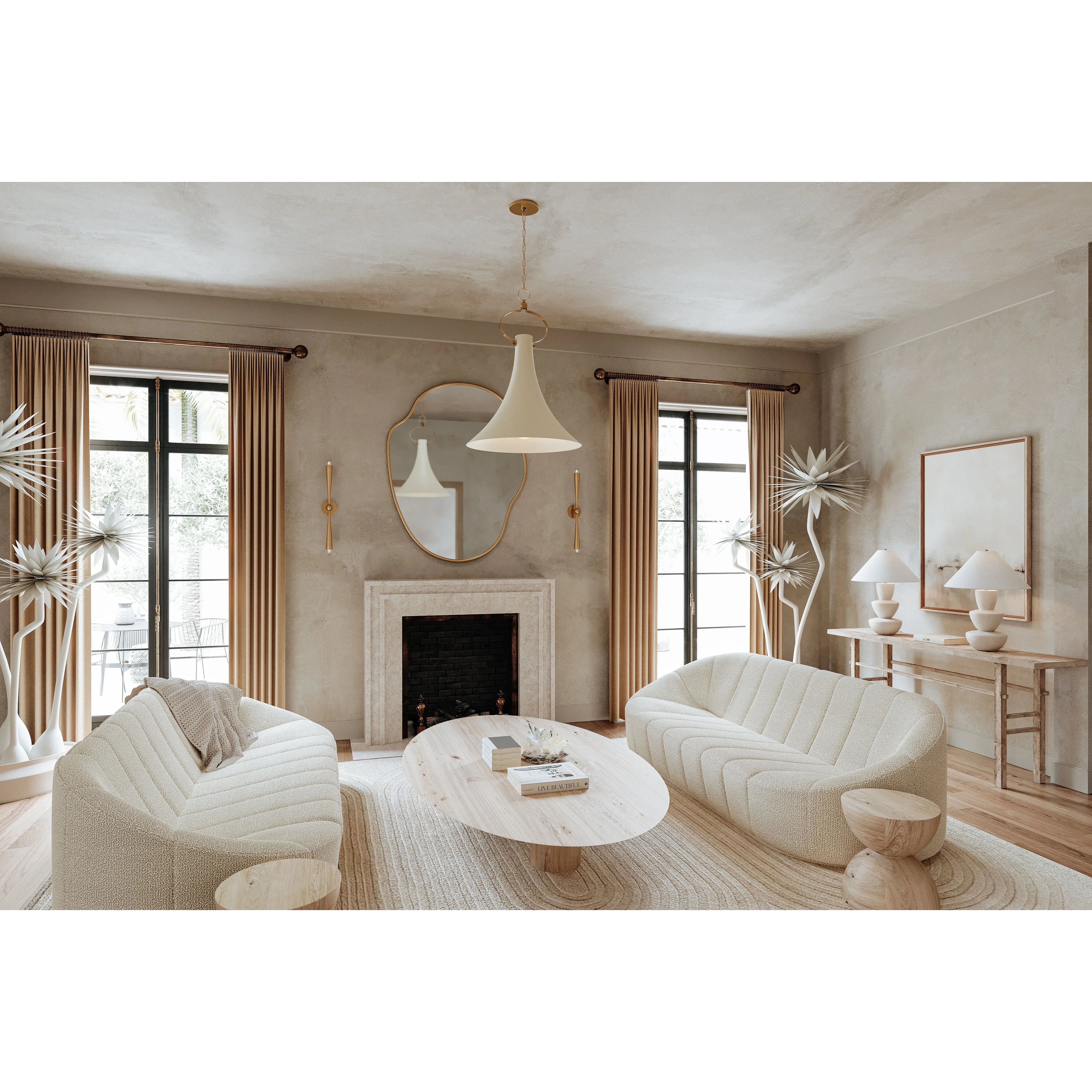 A series of three stacked, bowl-like shapes in ivory texture ceramic give this table lamp an organic, hand-crafted silhouette. The tapered off-white linen shade and Patina Brass accents add to the warm, natural beauty. Amethyst Home provides interior design, new home construction design consulting, vintage area rugs, and lighting in the Newport Beach metro area.
