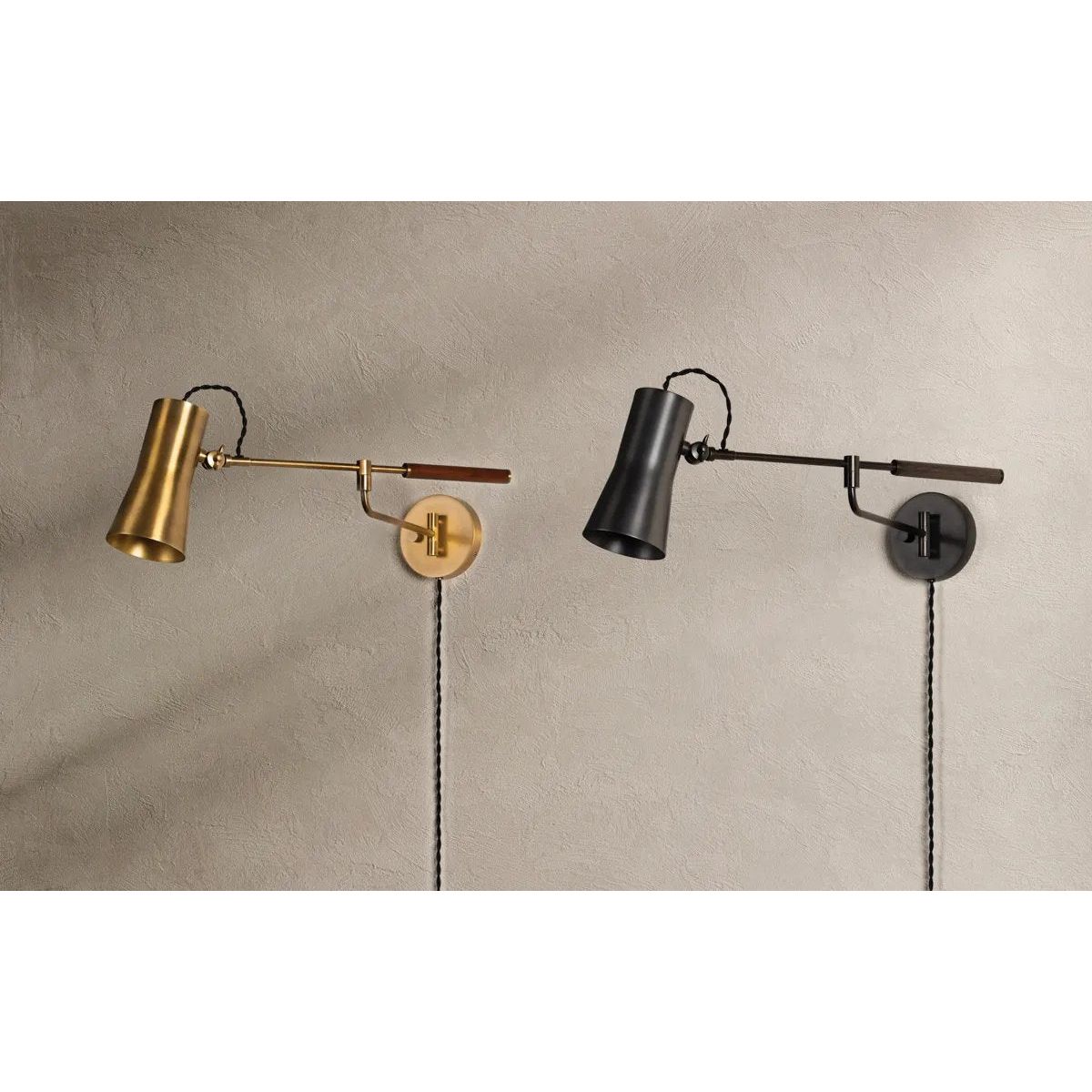 Tailored task lighting, this portable, functional swing arm sconce is also thoughtfully designed and beautiful. The sleek arm features a wooden handle on one end and an adjustable metal shade in Patina Brass or Bronze on the other. The twisted black cord detailing at the shade and backplate give Novel a nostalgic feel. Amethyst Home provides interior design, new home construction design consulting, vintage area rugs, and lighting in the Seattle metro area.