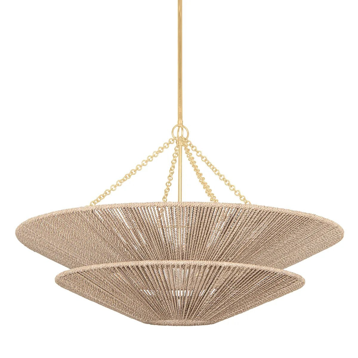 Two tiers of abaca rope give this chandelier a vibe that is both refined and organic. The open and airy design and soft Vintage Gold Leaf metalwork make the large scale feel lighter while still making a bold statement. Tropea is sure to bring a warm, natural feeling to any interior Amethyst Home provides interior design, new home construction design consulting, vintage area rugs, and lighting in the Laguna Beach metro area.
