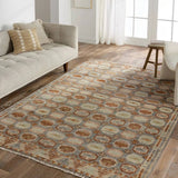 The Turkish-Killum-inspired Hazan Titale is intricately handknotted by artisans in India. Crafted with 15 knots per square inch, these durable area rugs thrive in both high and low traffic areas of the home. The Titale design showcases traditional-style miniature medallions in orange, slate, pink, light green, and cream hues. Amethyst Home provides interior design, new home construction design consulting, vintage area rugs, and lighting in the Calabasas metro area.