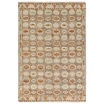 The Turkish-Killum-inspired Hazan Titale is intricately handknotted by artisans in India. Crafted with 15 knots per square inch, these durable area rugs thrive in both high and low traffic areas of the home. The Titale design showcases traditional-style miniature medallions in orange, slate, pink, light green, and cream hues. Amethyst Home provides interior design, new home construction design consulting, vintage area rugs, and lighting in the Newport Beach metro area.