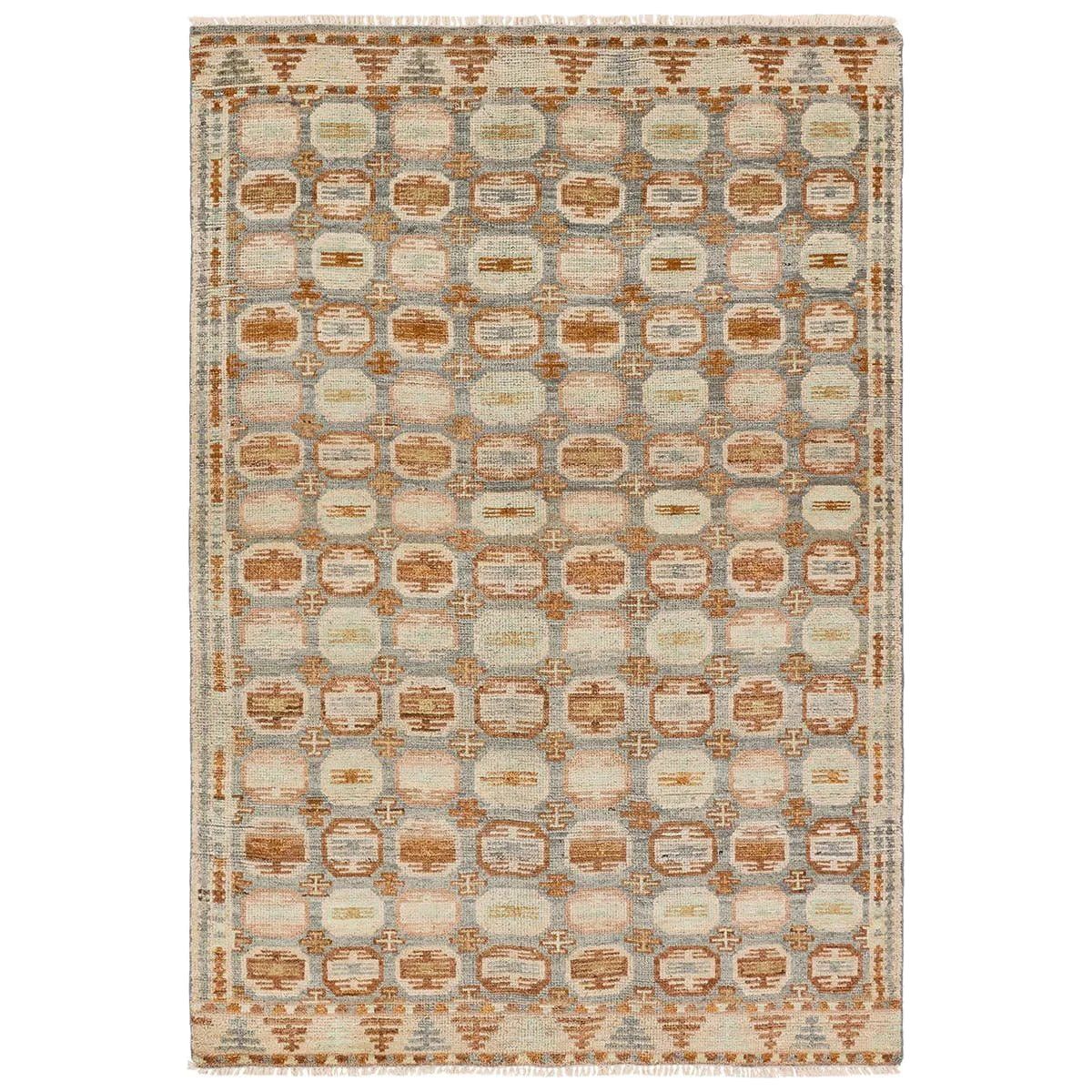 The Turkish-Killum-inspired Hazan Titale is intricately handknotted by artisans in India. Crafted with 15 knots per square inch, these durable area rugs thrive in both high and low traffic areas of the home. The Titale design showcases traditional-style miniature medallions in orange, slate, pink, light green, and cream hues. Amethyst Home provides interior design, new home construction design consulting, vintage area rugs, and lighting in the Newport Beach metro area.