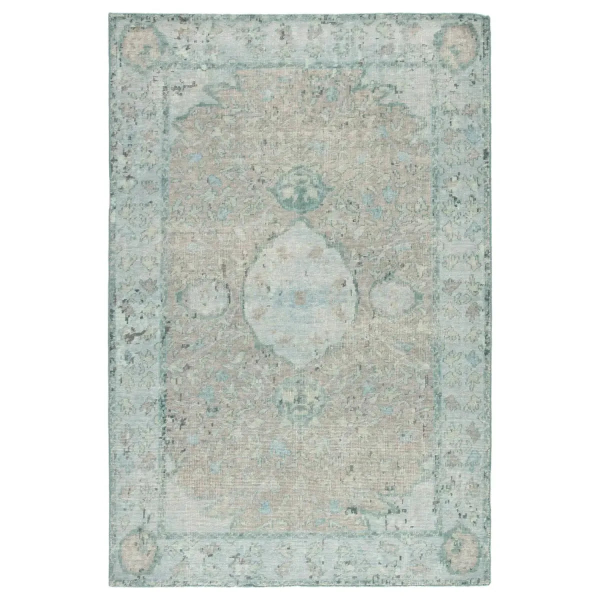 Exceptionally made and artfully designed, this hand-knotted area rug infuses contemporary homes with vintage allure. An on-trend colorway of vibrant aqua, beige, and dark gray lends a fresh update to the floral and medallion design, while a patina-rich antiqued effect creates a timeless look. Amethyst Home provides interior design services, furniture, rugs, and lighting in the Kansas City metro area.