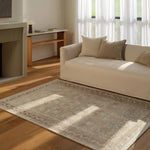The Magnus design features a traditional pattern of small medallions set against a warm tan and beige backdrop, highlighted by subtle blue accents. Its vintage, distressed finish adds character and charm, making it feel like a treasured heirloom from the very first step.Hand Tufte Amethyst Home provides interior design, new home construction design consulting, vintage area rugs, and lighting in the Houston metro area.