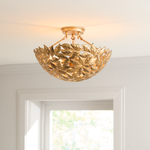 Featuring Kelan Semi Flush Mount Antique Gild by Visual Comfort at Amethyst Home. The elegant forms of motif leaves give this radiant chandelier a vintage-inspired aesthetic that can instantly elevate any interior with classic appeal.
Overall Dimensions: 16" L x 16" W x 10.125" H. Amethyst Home provides interior design, new construction, custom furniture, and area rugs in the Austin metro area