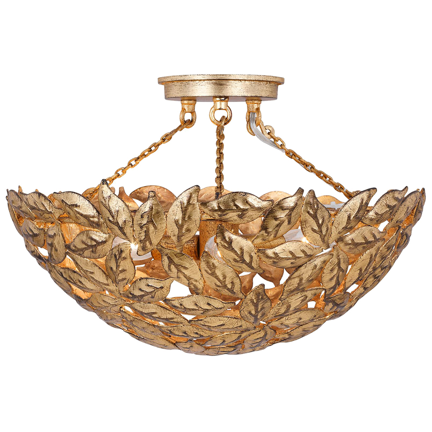 Featuring Kelan Semi Flush Mount Antique Gild by Visual Comfort at Amethyst Home. The elegant forms of motif leaves give this radiant chandelier a vintage-inspired aesthetic that can instantly elevate any interior with classic appeal.
Overall Dimensions: 16" L x 16" W x 10.125" H. Amethyst Home provides interior design, new construction, custom furniture, and area rugs in the Laguna Beach metro area