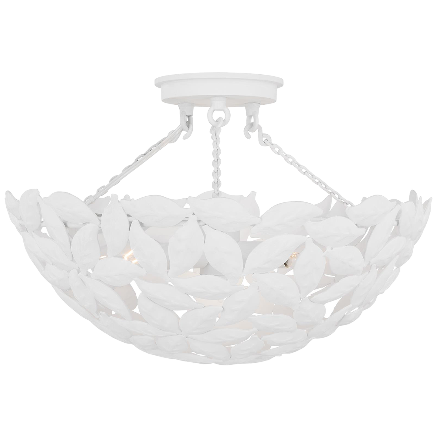Featuring Kelan Semi Flush Mount Textured White by Visual Comfort at Amethyst Home. The elegant forms of motif leaves give this radiant chandelier a vintage-inspired aesthetic that can instantly elevate any interior with classic appeal.
Overall Dimensions: 16" L x 16" W x 10.125" H. Amethyst Home provides interior design, new construction, custom furniture, and area rugs in the Calabasas metro area