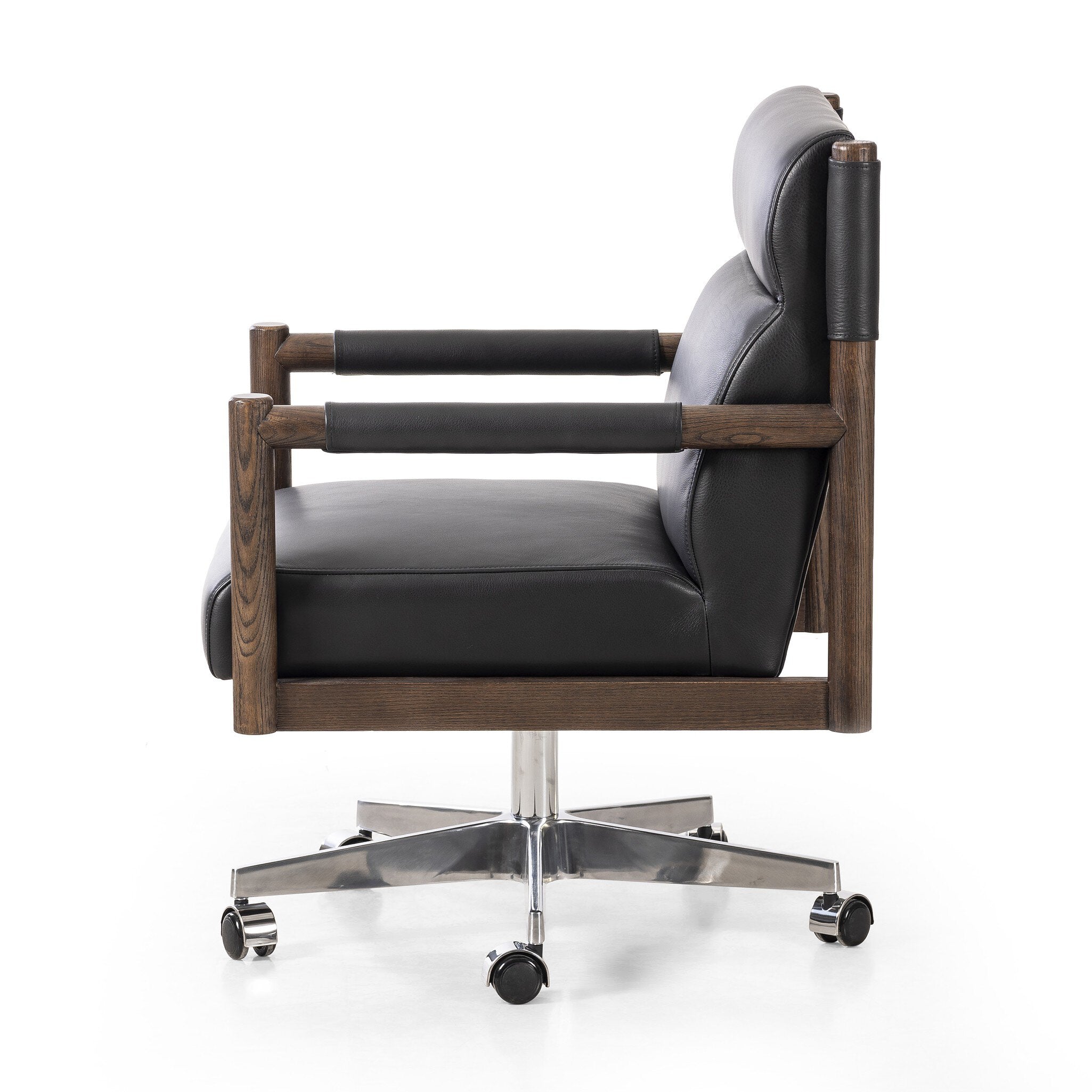 Featuring Levi Bosa Black Desk Chair by Four Hands at Amethyst Home. An Amethyst fave -- the Levi Black Leather Desk Chair is modern yet inviting.  Gorgeous black leather with a sleek side profile, this desk chair will elevate your office.
Overall Dimensions: 22.00"w x 27.00"d x 34.00"hWeight : 41.89 lbsMaterials : Top Grain Leather, Aluminum, Solid Ash. Amethyst Home provides interior design, new construction, custom furniture, and area rugs in the Park City metro area