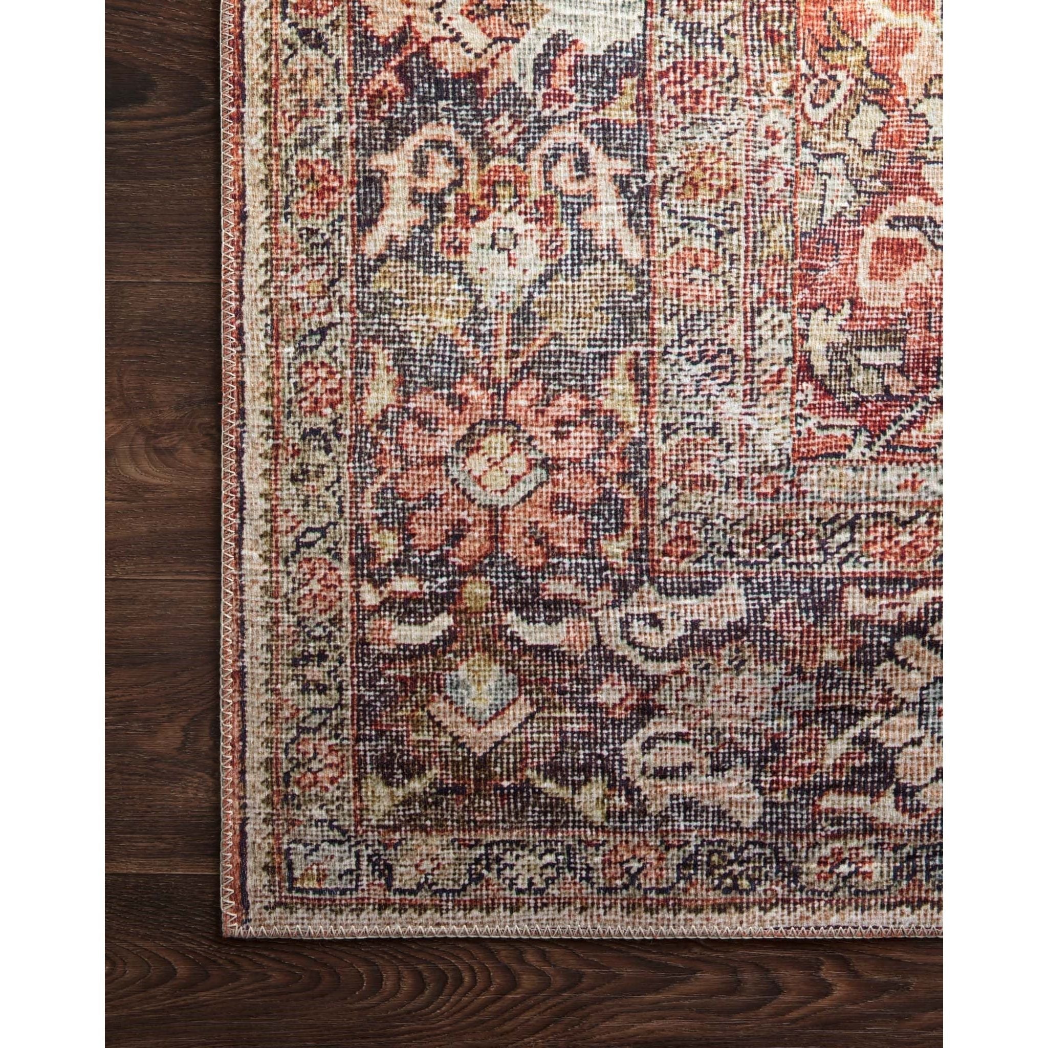 Layla Spice/Marine Rug - Amethyst Home The Layla Collection is traditional and timeless, with a beautiful lived-in design that captures the spirit of an old-world rug. This traditional power-loomed rug is crafted of 100% polyester with a classic and sophisticated color palette and subtle patina.