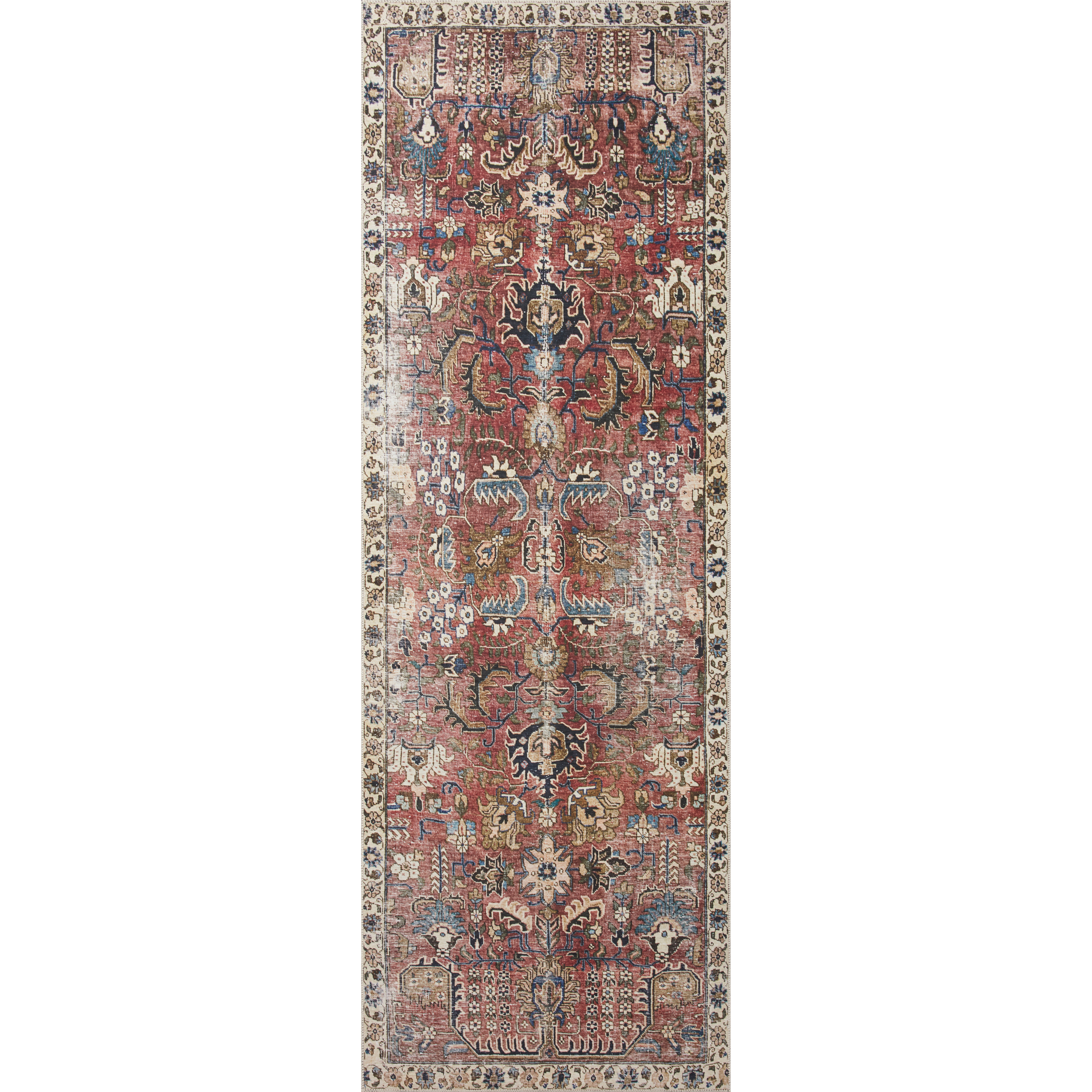 Durable, low pile, and soft underfoot, this rug is inspired by classic vintage and antique rugs. The Jules Chris Loves Julia Merlot / Multi rug from Loloi features a beautiful vintage pattern and patina. The rug is easy to clean and maintain and perfect for living rooms, dining rooms, hallways, and kitchens!