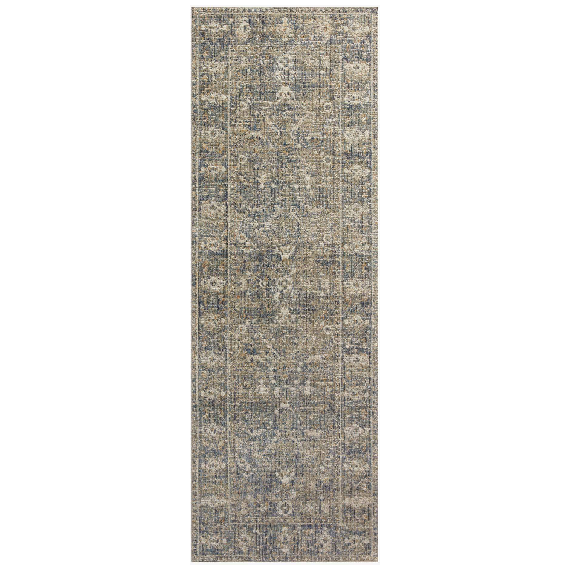 Durable, low pile, and soft, this rug is inspired by classic vintage and antique rugs. The Rosemarie Chris Loves Julia Sand / Lagoon ROE-03 rug from Loloi features a beautiful vintage pattern and patina. The rug is easy to clean, never sheds, and perfect for living rooms, dining rooms, hallways, and kitchens!