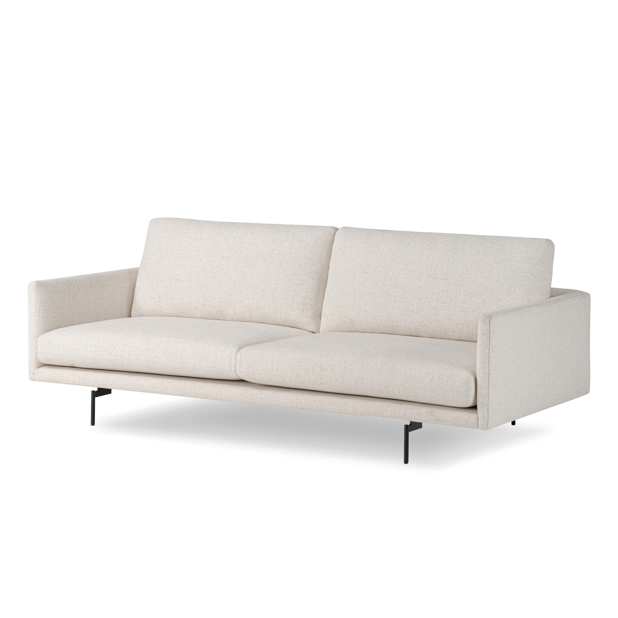 A minimalist form to redefine contemporary seating. Made from light, neutral high-performance with a slim profile, expert tailoring and plush cushions for comfort. Sleek metal legs and compact sizing make this piece a versatile anchor for smaller living spaces. Amethyst Home provides interior design, new construction, custom furniture, and area rugs in the Houston metro area