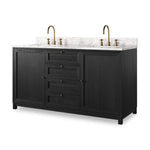 Featuring Millie Satin Drifted Black Veneer Double Vanity by Four Hands at Amethyst Home. A sleek design built with tons of storage. Crafted with a thick oak veneer base in a satin black finish, a Carrera marble top and iron hardware in an antique bronze finish. A mix of drawers and cabinets offers plenty of storage. Drawers are fully finished in light natural oak; top drawer is . Amethyst Home provides interior design, new construction, custom furniture, and area rugs in the Alpharetta metro area