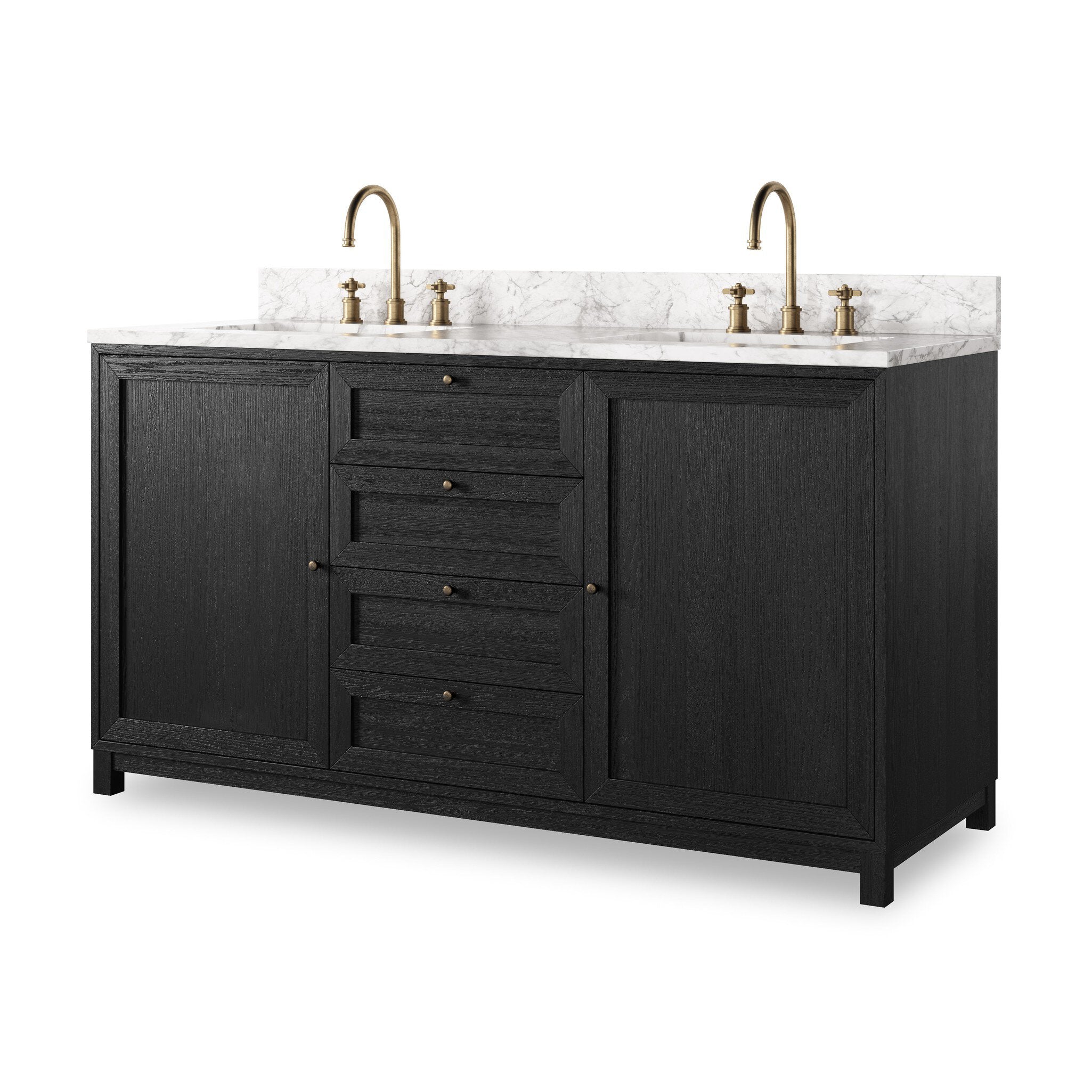 A sleek design built with tons of storage. Crafted with a thick oak veneer base in a satin black finish, a Carrera marble top and iron hardware in an antique bronze finish. A mix of drawers and cabinets offers plenty of storage. Drawers are fully finished in light natural oak; top drawer is not functional. Cabinets include removable shelves. Amethyst Home provides interior design, new construction, custom furniture, and area rugs in the Alpharetta metro area