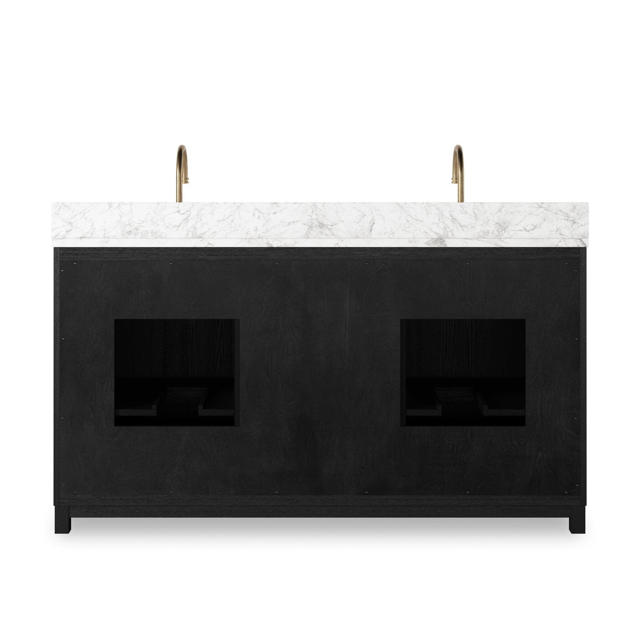 Featuring Millie Satin Drifted Black Veneer Double Vanity by Four Hands at Amethyst Home. A sleek design built with tons of storage. Crafted with a thick oak veneer base in a satin black finish, a Carrera marble top and iron hardware in an antique bronze finish. A mix of drawers and cabinets offers plenty of storage. Drawers are fully finished in light natural oak; top drawer is . Amethyst Home provides interior design, new construction, custom furniture, and area rugs in the Des Moines metro area