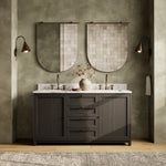 Featuring Millie Satin Drifted Black Veneer Double Vanity by Four Hands at Amethyst Home. A sleek design built with tons of storage. Crafted with a thick oak veneer base in a satin black finish, a Carrera marble top and iron hardware in an antique bronze finish. A mix of drawers and cabinets offers plenty of storage. Drawers are fully finished in light natural oak; top drawer is. Amethyst Home provides interior design, new construction, custom furniture, and area rugs in the Kansas City metro area