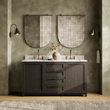 Featuring Millie Satin Drifted Black Veneer Double Vanity by Four Hands at Amethyst Home. A sleek design built with tons of storage. Crafted with a thick oak veneer base in a satin black finish, a Carrera marble top and iron hardware in an antique bronze finish. A mix of drawers and cabinets offers plenty of storage. Drawers are fully finished in light natural oak; top drawer is. Amethyst Home provides interior design, new construction, custom furniture, and area rugs in the Kansas City metro area