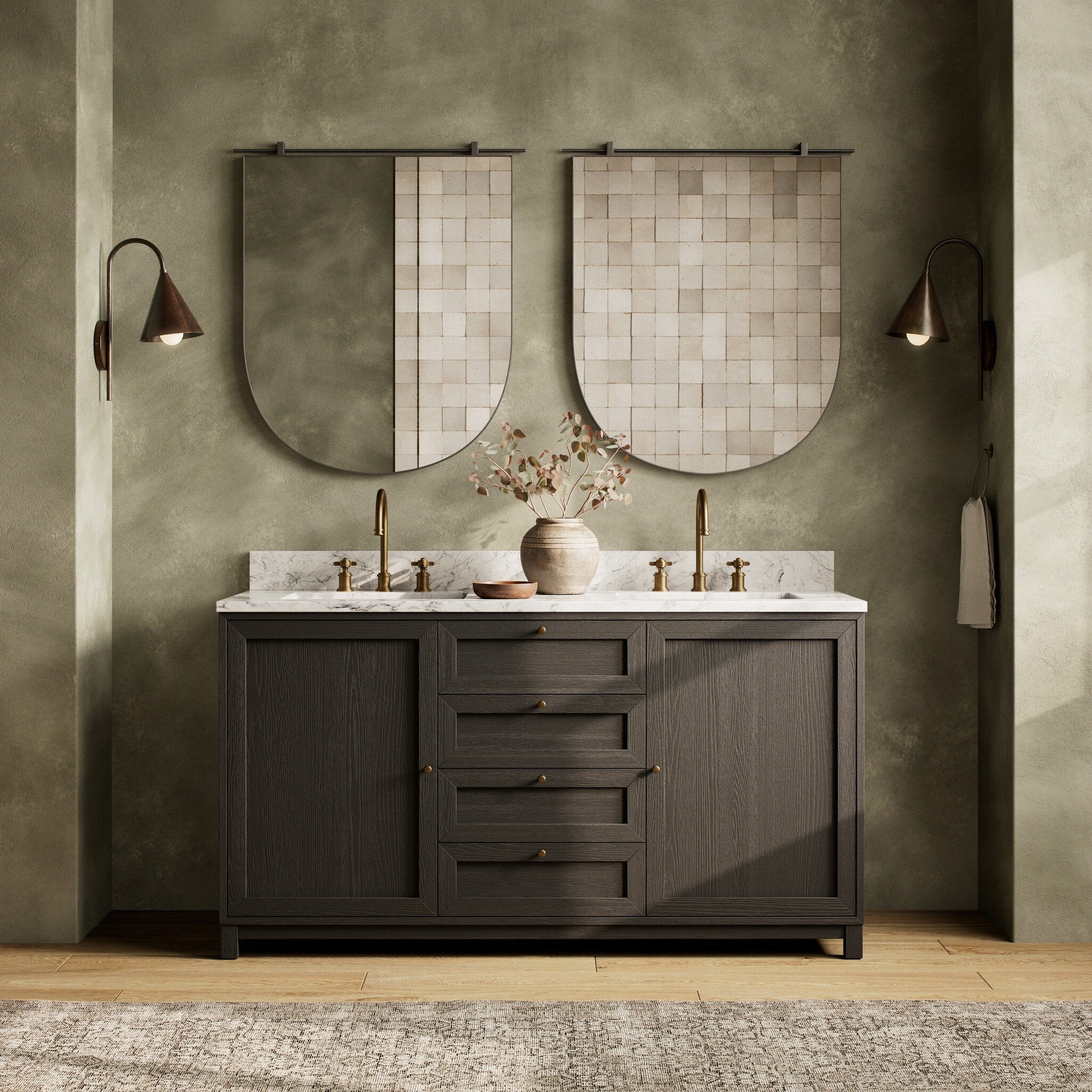 Featuring Millie Satin Drifted Black Veneer Double Vanity by Four Hands at Amethyst Home. A sleek design built with tons of storage. Crafted with a thick oak veneer base in a satin black finish, a Carrera marble top and iron hardware in an antique bronze finish. A mix of drawers and cabinets offers plenty of storage. Drawers are fully finished in light natural oak; top drawer is. Amethyst Home provides interior design, new construction, custom furniture, and area rugs in the Kansas City metro area