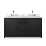Featuring Millie Satin Drifted Black Veneer Double Vanity by Four Hands at Amethyst Home. A sleek design built with tons of storage. Crafted with a thick oak veneer base in a satin black finish, a Carrera marble top and iron hardware in an antique bronze finish. A mix of drawers and cabinets offers plenty of storage. Drawers are fully finished in light natural oak; top drawer is not f. Amethyst Home provides interior design, new construction, custom furniture, and area rugs in the Omaha metro area