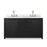 Featuring Millie Satin Drifted Black Veneer Double Vanity by Four Hands at Amethyst Home. A sleek design built with tons of storage. Crafted with a thick oak veneer base in a satin black finish, a Carrera marble top and iron hardware in an antique bronze finish. A mix of drawers and cabinets offers plenty of storage. Drawers are fully finished in light natural oak; top drawer is not f. Amethyst Home provides interior design, new construction, custom furniture, and area rugs in the Omaha metro area
