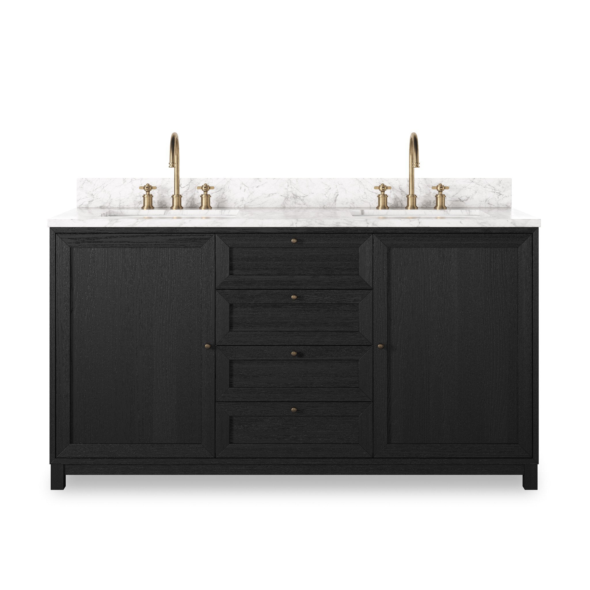 A sleek design built with tons of storage. Crafted with a thick oak veneer base in a satin black finish, a Carrera marble top and iron hardware in an antique bronze finish. A mix of drawers and cabinets offers plenty of storage. Drawers are fully finished in light natural oak; top drawer is not functional. Cabinets include removable shelves. Amethyst Home provides interior design, new construction, custom furniture, and area rugs in the Omaha metro area