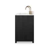 Featuring Millie Satin Drifted Black Veneer Double Vanity by Four Hands at Amethyst Home. A sleek design built with tons of storage. Crafted with a thick oak veneer base in a satin black finish, a Carrera marble top and iron hardware in an antique bronze finish. A mix of drawers and cabinets offers plenty of storage. Drawers are fully finished in light natural oak; top drawer is n. Amethyst Home provides interior design, new construction, custom furniture, and area rugs in the Park City metro area