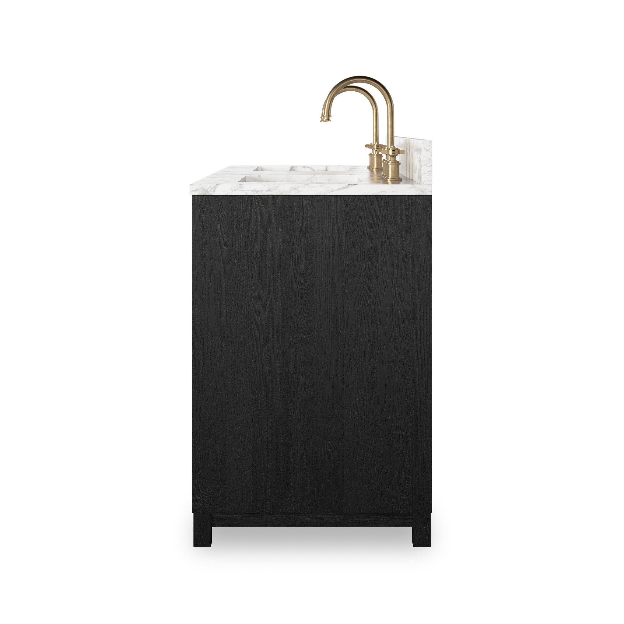 Featuring Millie Satin Drifted Black Veneer Double Vanity by Four Hands at Amethyst Home. A sleek design built with tons of storage. Crafted with a thick oak veneer base in a satin black finish, a Carrera marble top and iron hardware in an antique bronze finish. A mix of drawers and cabinets offers plenty of storage. Drawers are fully finished in light natural oak; top drawer is n. Amethyst Home provides interior design, new construction, custom furniture, and area rugs in the Park City metro area
