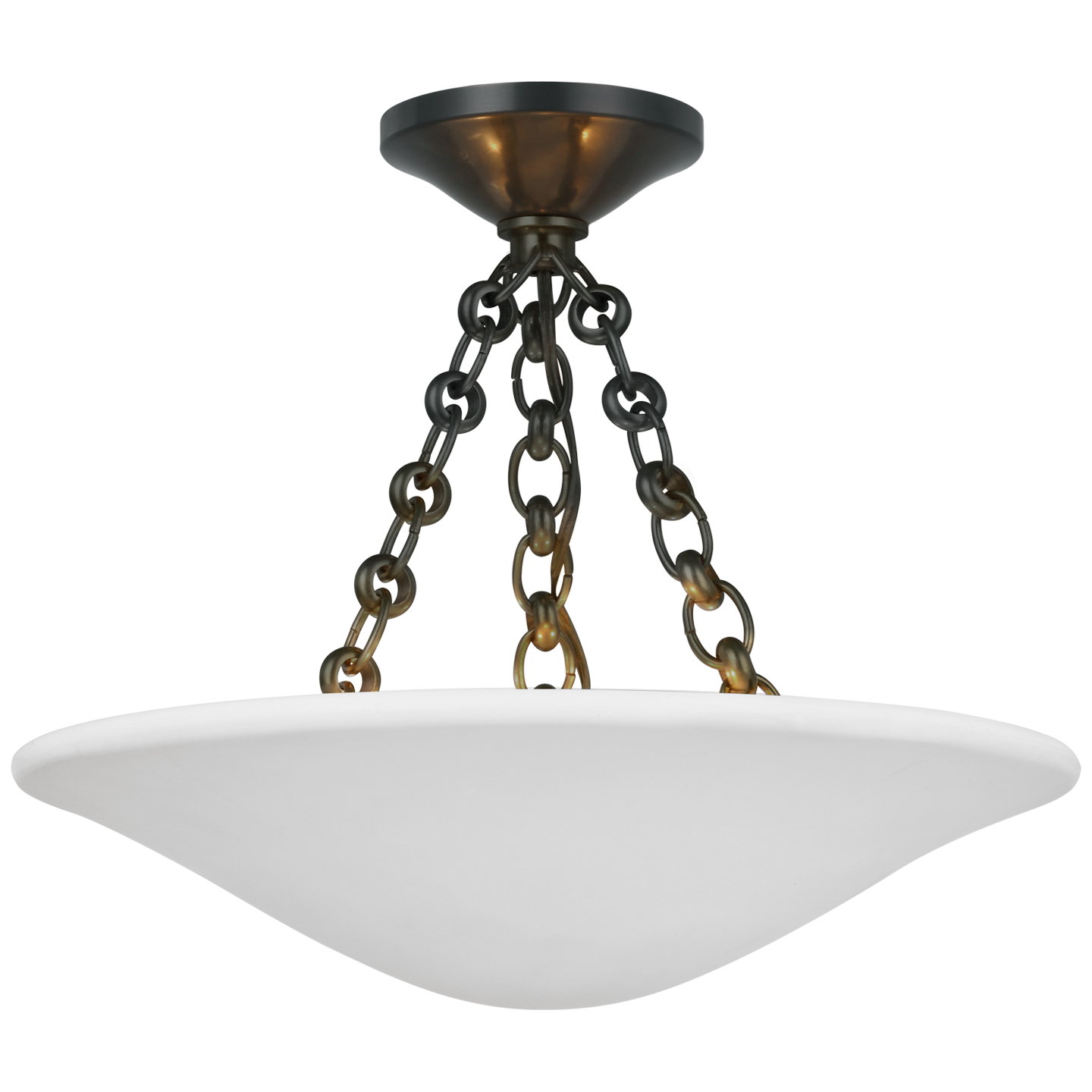 Featuring Mollino 16" Semi Flush Mount Bronze by Visual Comfort at Amethyst Home. The Mollino by AERIN offers a contemporary take on old-world elegance. Suspended from a jewelry-like chain, the lightweight shallow bowl shapes in a plaster finish recall 1930s French sculpture yet deliver modern sophistication. The emanating warm glow will add subtle luxury to entryways, dining room. Amethyst Home provides interior design, new construction, custom furniture, and area rugs in the Calabasas metro area